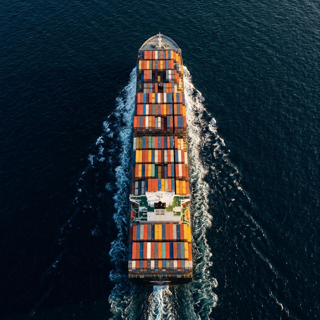 Aerial view of a container ship crossing open sea