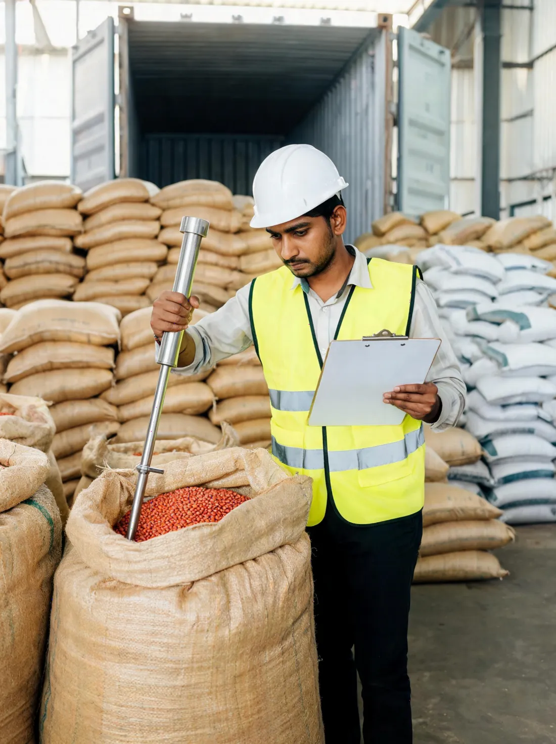 Quality inspector sampling red lentils from a jute sack beside an open shipping container